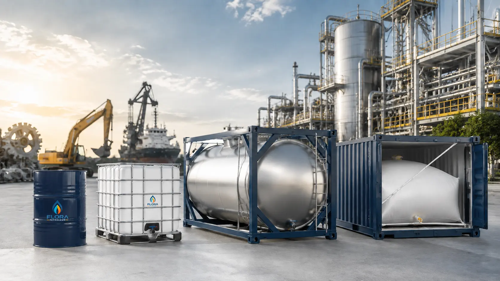 FloraPetroleum base oil packaging in steel drums, IBC tanks, ISO tanks and flexitanks