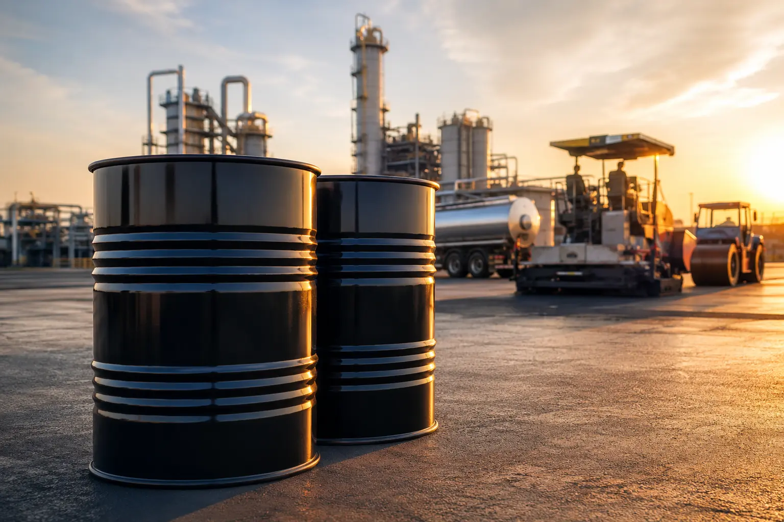 Bitumen 50/70 steel drums at an asphalt production and loading facility