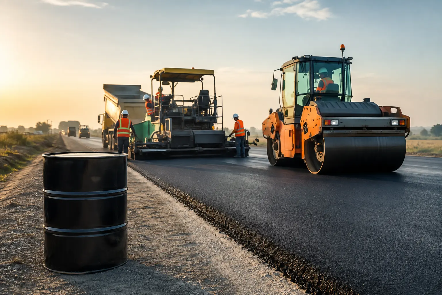 Bitumen 60/70 used in modern highway paving with asphalt paver and road roller