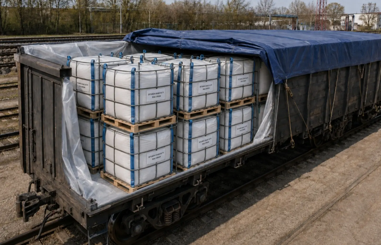 Bitumen 60/70 big bags loaded in an open rail freight wagon