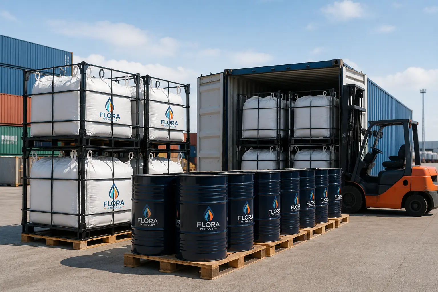 Bitumen big bags in steel cages and new steel drums prepared for container loading