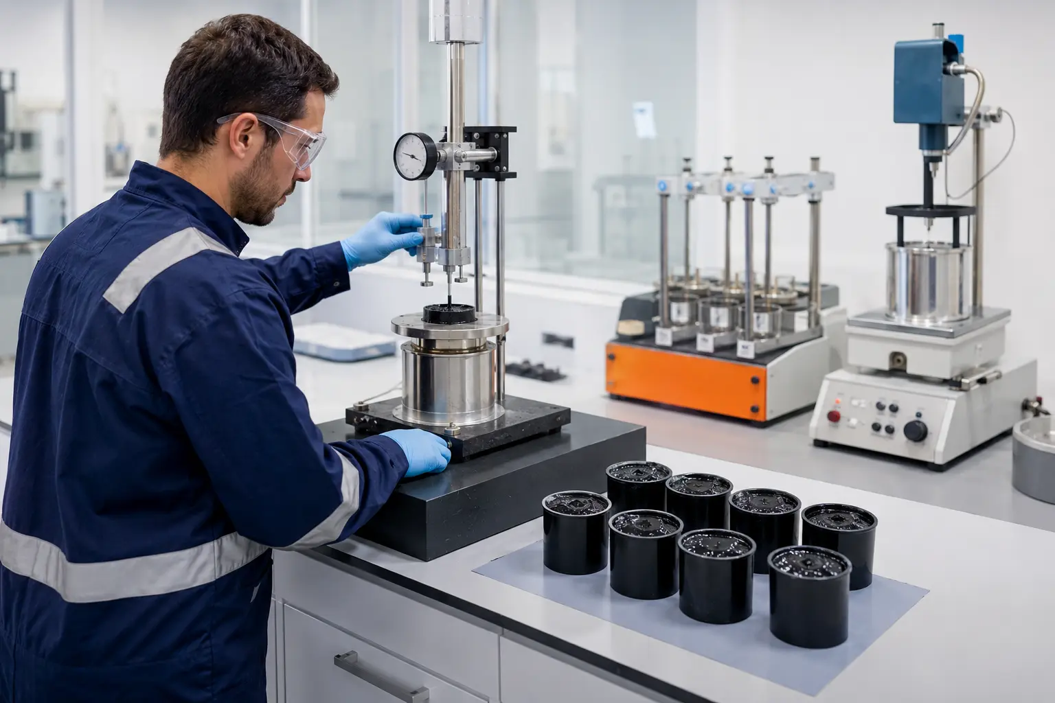 Laboratory technician performing penetration testing on bitumen samples