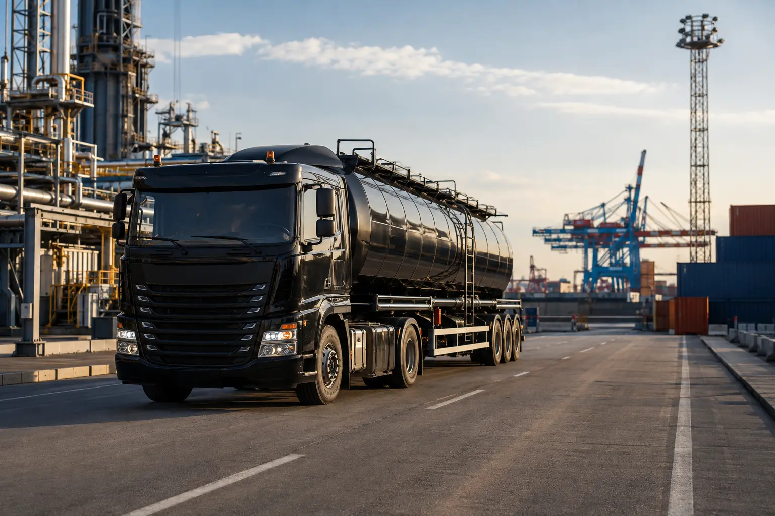 Heated bitumen tanker at a refinery and international port terminal