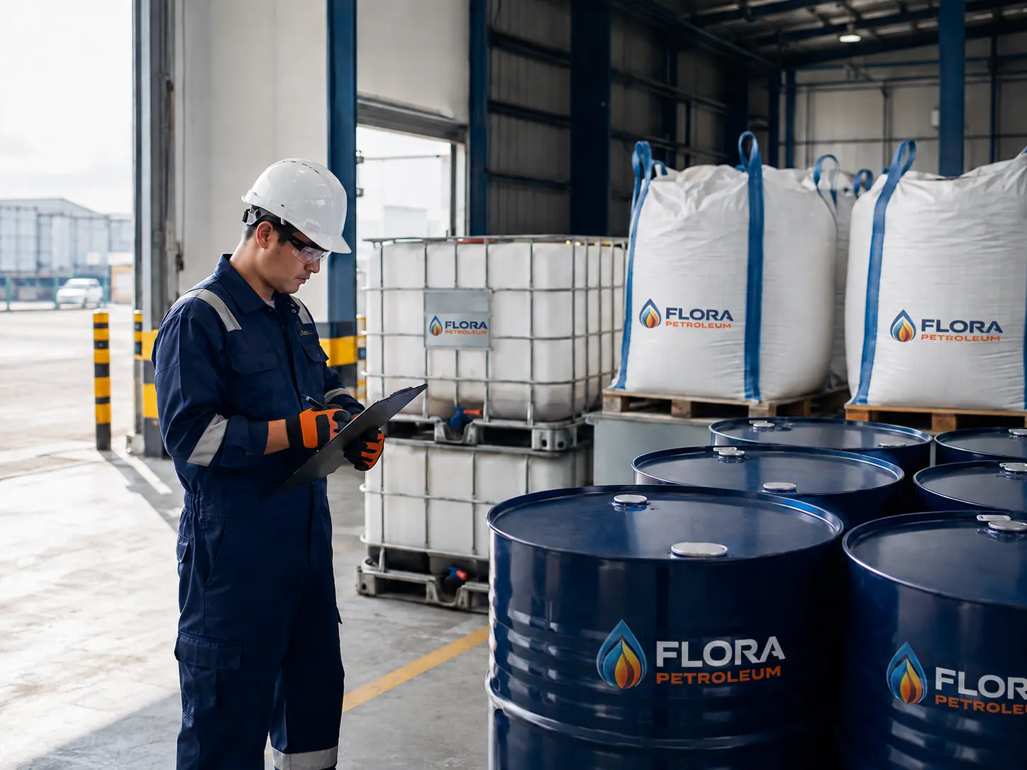 FloraPetroleum inspector checking branded steel drums, IBCs and industrial bulk bags