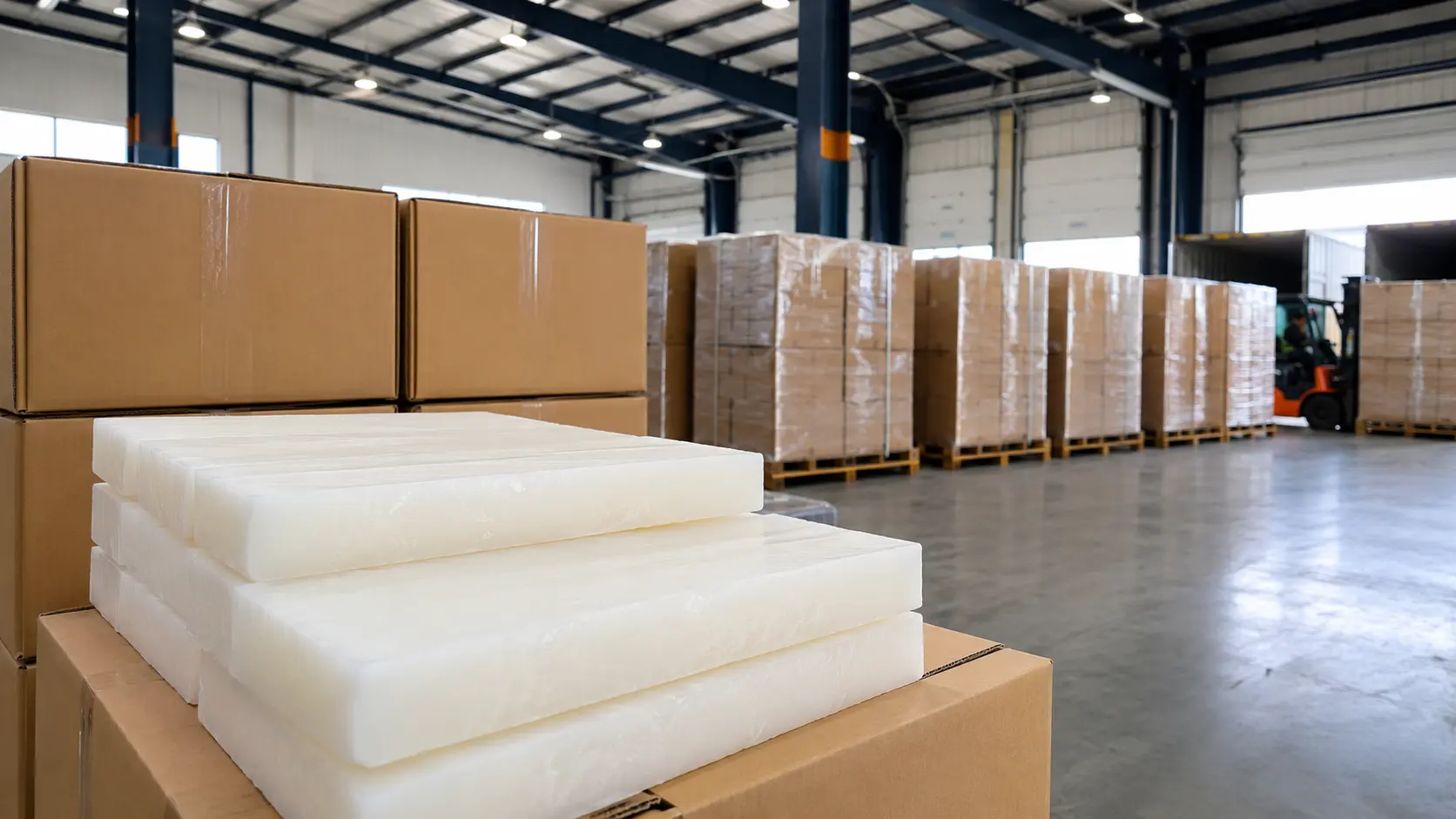 Flora Petroleum paraffin wax slabs and export packaging