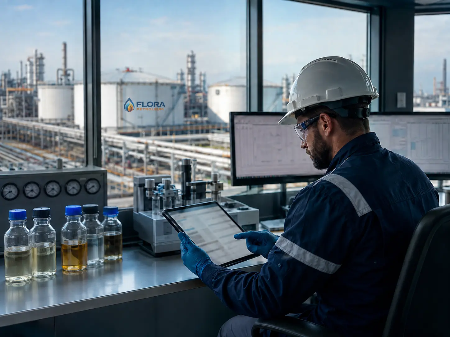 FloraPetroleum engineer verifying petroleum product specifications and test records