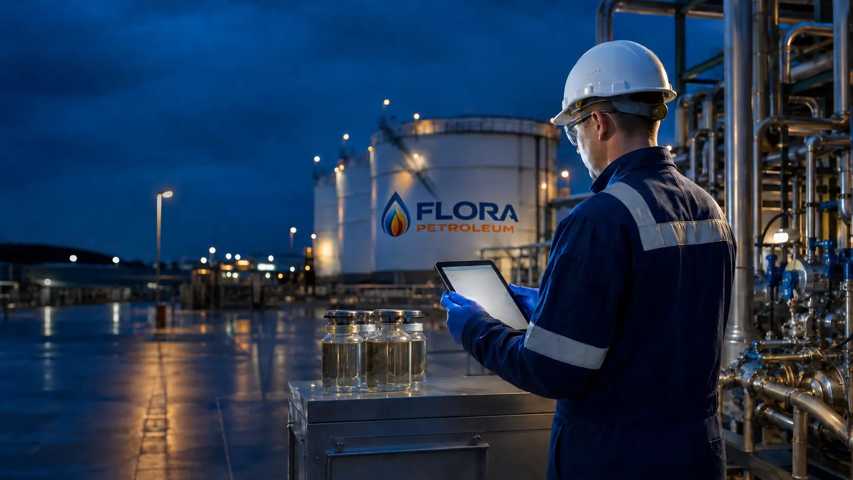 FloraPetroleum petroleum quality inspector reviewing product samples at a refinery terminal