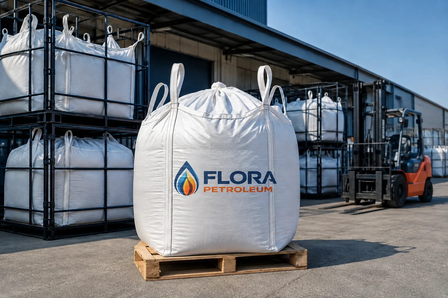 Palletized bitumen big bags and steel cage packaging ready for export