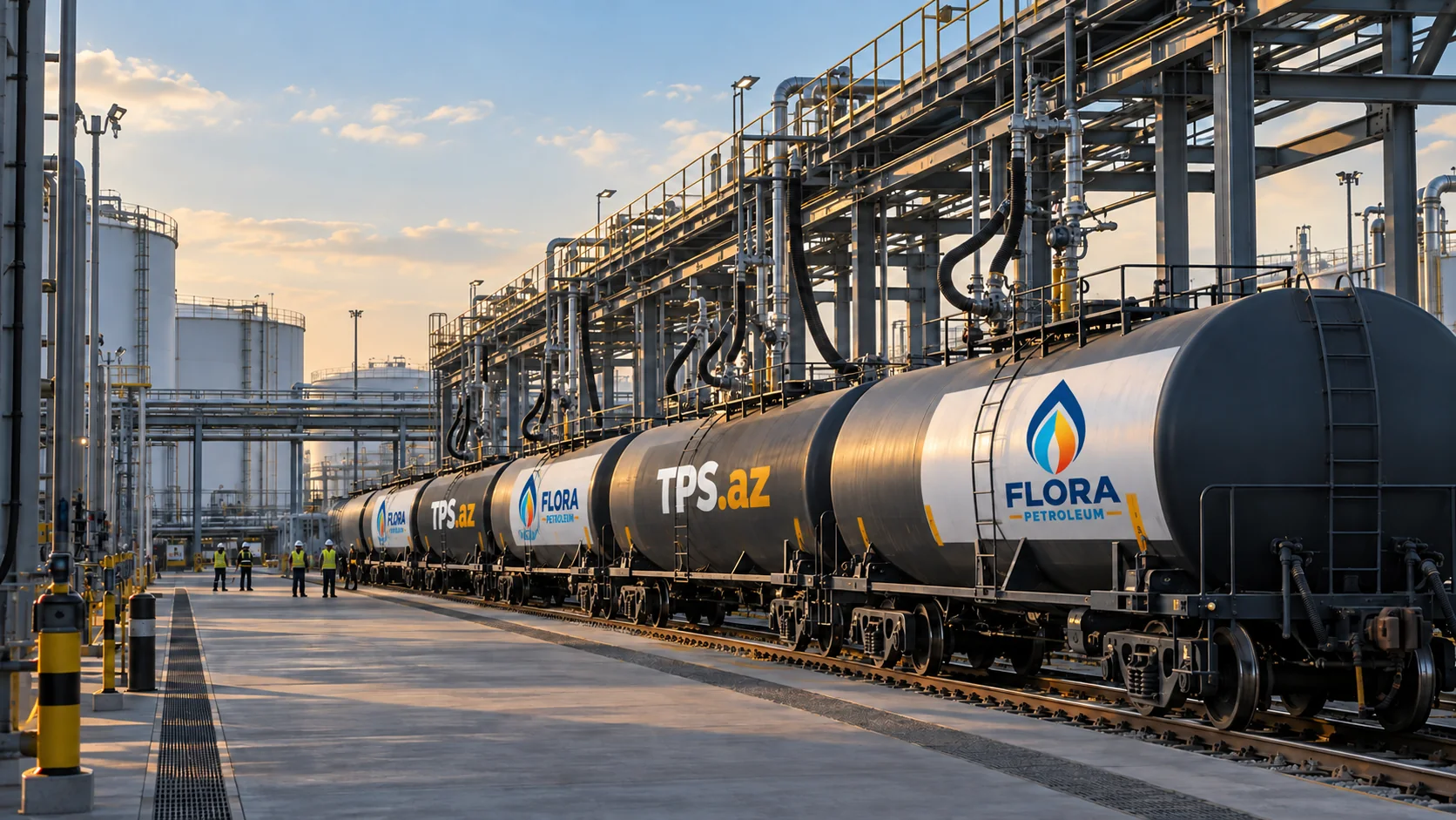 Diesel Shipments from Azerbaijan to Central Asia | K5, K4, K3 Diesel loading with separately branded TPS and FloraPetroleum wagons — AI-generated representative image