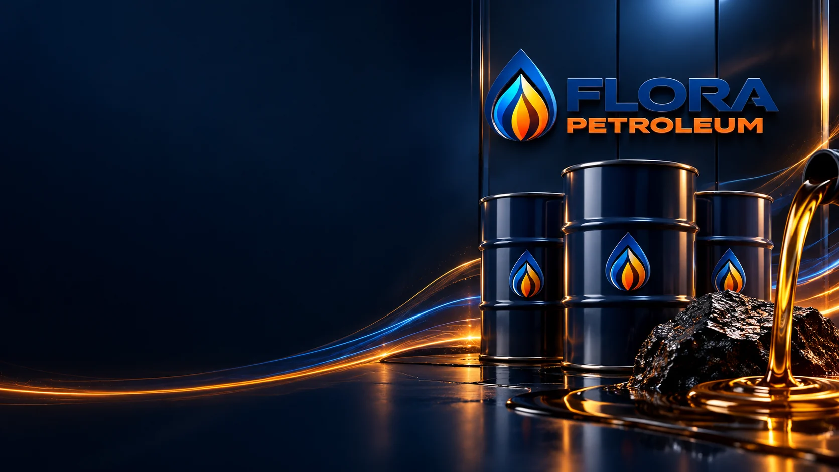 FloraPetroleum logo, petroleum drums and bitumen — conceptual brand illustration