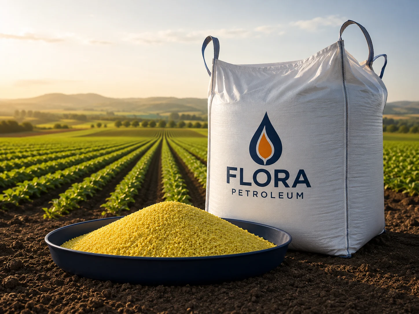 Yellow sulfur granules and FloraPetroleum branded bulk bag beside an agricultural field